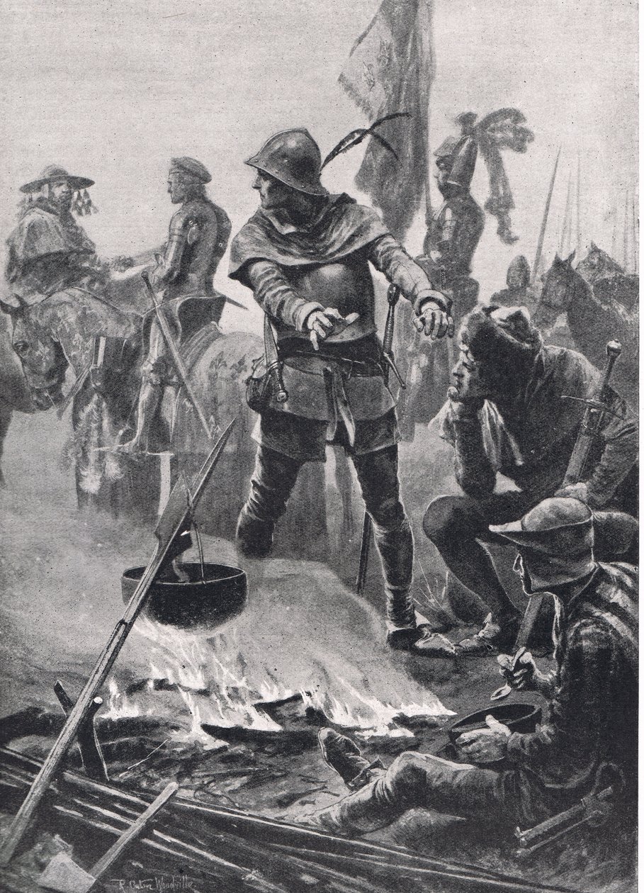 Princ z Walesu se rozchází s kardinálem de Talleyrand-Perigord ráno v bitvě u Poitiers, 19. září 1356, ilustrace z britských bitev na souši a na moři, vydal Casse od Richard Caton Woodville junior