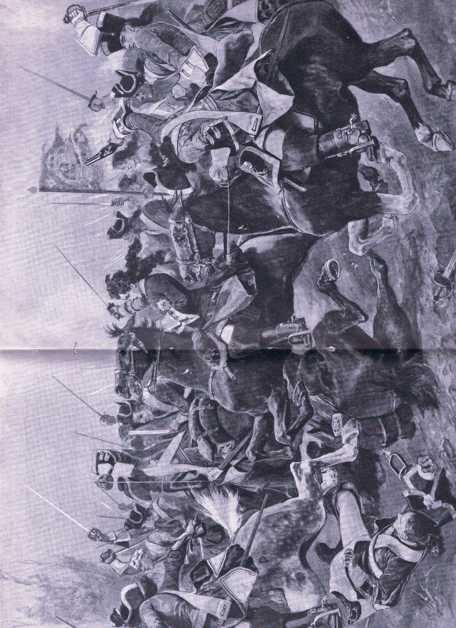 Jezdecký konflikt v bitvě u Ramilles, 3. května 1706, ilustrace z britských bitev na souši a na moři, 1915 od Richard Caton Woodville junior