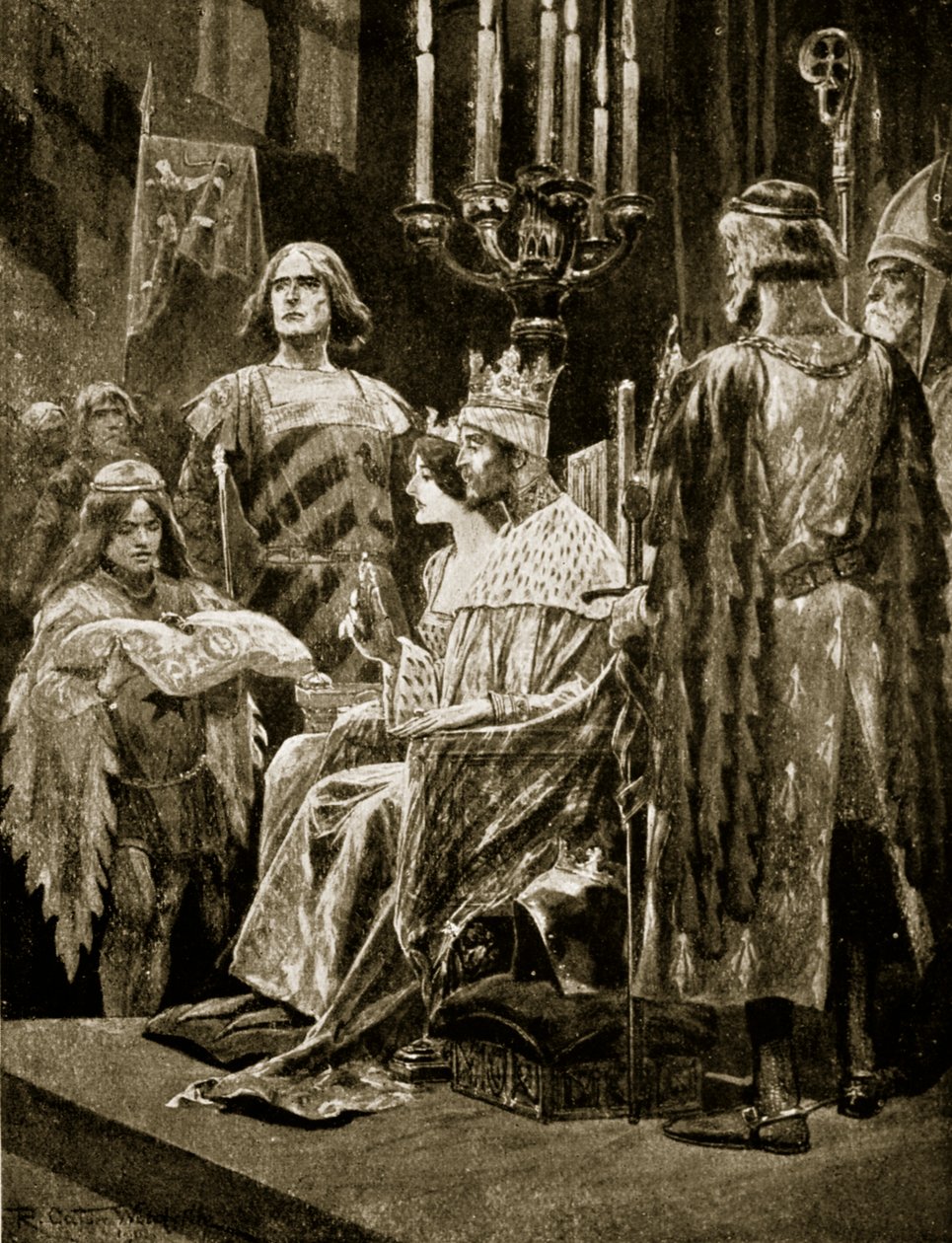 Korunovace Edwarda II., 1308, ilustrace z „Hutchinsonova příběhu britského národa“, kolem roku 1920 od Richard Caton Woodville junior