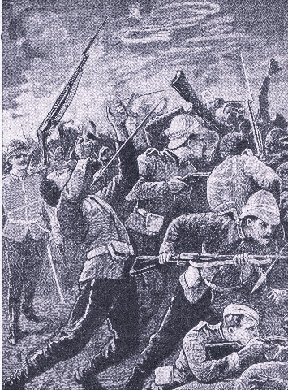 Obrana Rorkes Drift, ilustrace z knihy Britské bitvy na souši a na moři , 1915 od Richard Caton Woodville junior