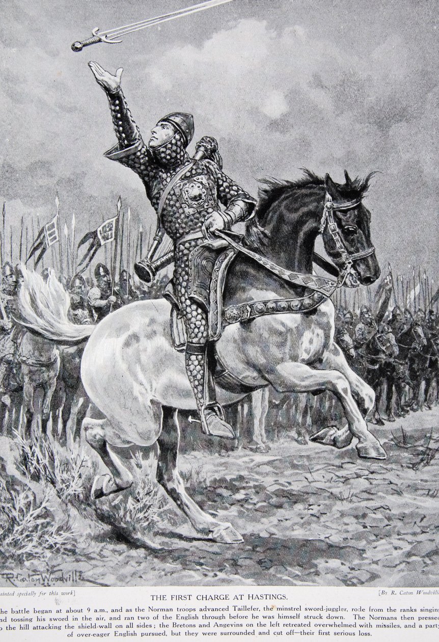 První útok v Hastings: Taillefer, žonglér s mečem, vyjel z řady, zpíval a házel mečem do vzduchu, 1066, ilustrace z „Hutchinsonova příběhu britského národa“, c.1 od Richard Caton Woodville junior