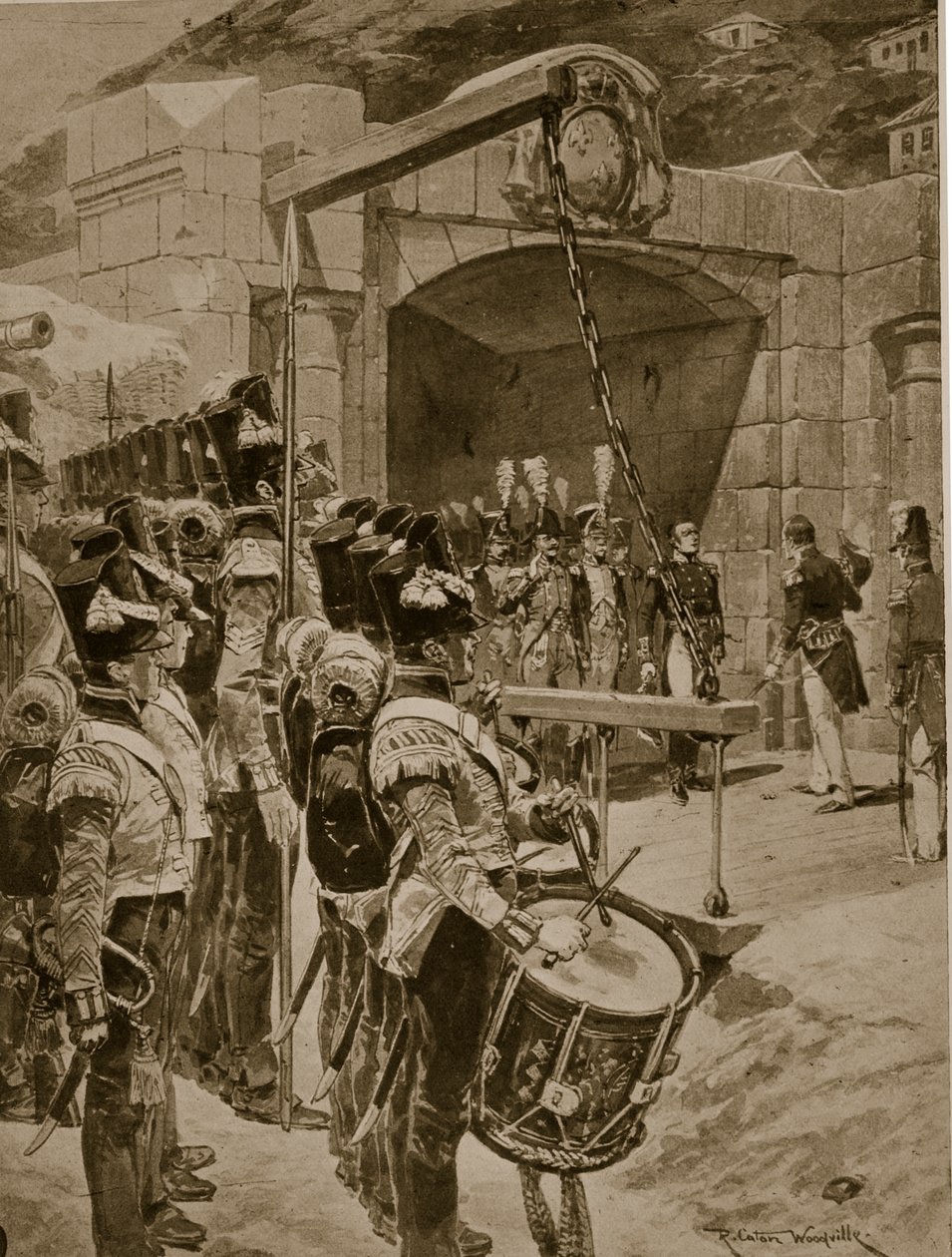 Kapitulace ostrova Mauricius Britům v roce 1810, ilustrace z 