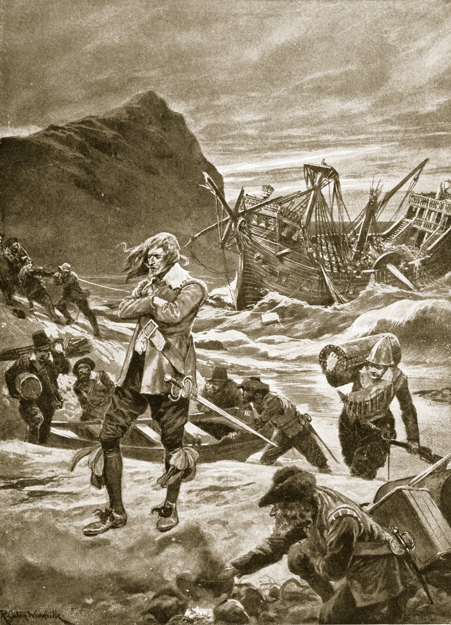 Ztroskotal na Bermudách, 1609, ilustrace z „Hutchinsonova příběhu britského národa“, kolem roku 1923 od Richard Caton Woodville junior