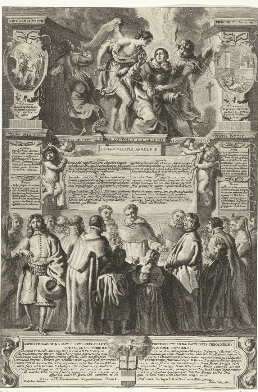 Instelling van de broederschap Militia Angelica od Tomáše Akvinského, 1649 Původ Andělské milice, božský Tomáš Akvinský; pod jeho nebeským pásem cudnosti, ustanoven (titul na předmětu) od Richard Collin