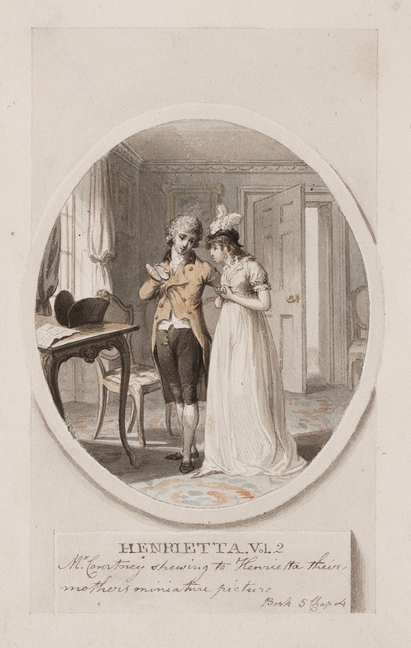 Pan Courtney ukazuje Henriettě miniaturní obrázek jejich matky, kniha 5, kapitola 4, ilustrace k vydání knihy "Henrietta" od Charlotte Lennoxové z roku 1798, asi 1798 (tužka a čb na papíře) od Richard Corbould
