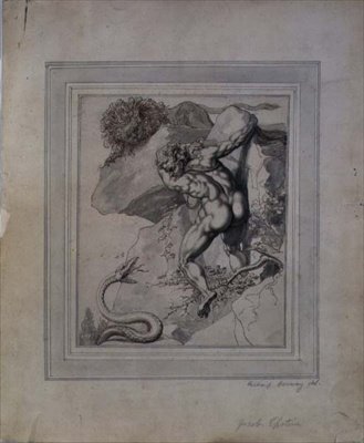 Muž uvězněný mezi lvem a hadem, cca 1790 (pero a hnědý inkoust, šedá barva na papíře) od Richard Cosway