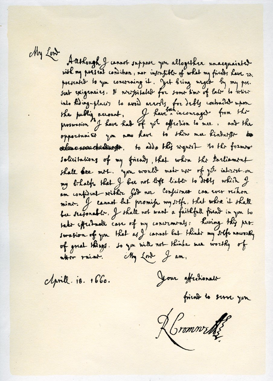 Dopis Richarda Cromwella, lorda protektora, generálu Georgi Monckovi, 18. dubna 1660. od Richard Cromwell