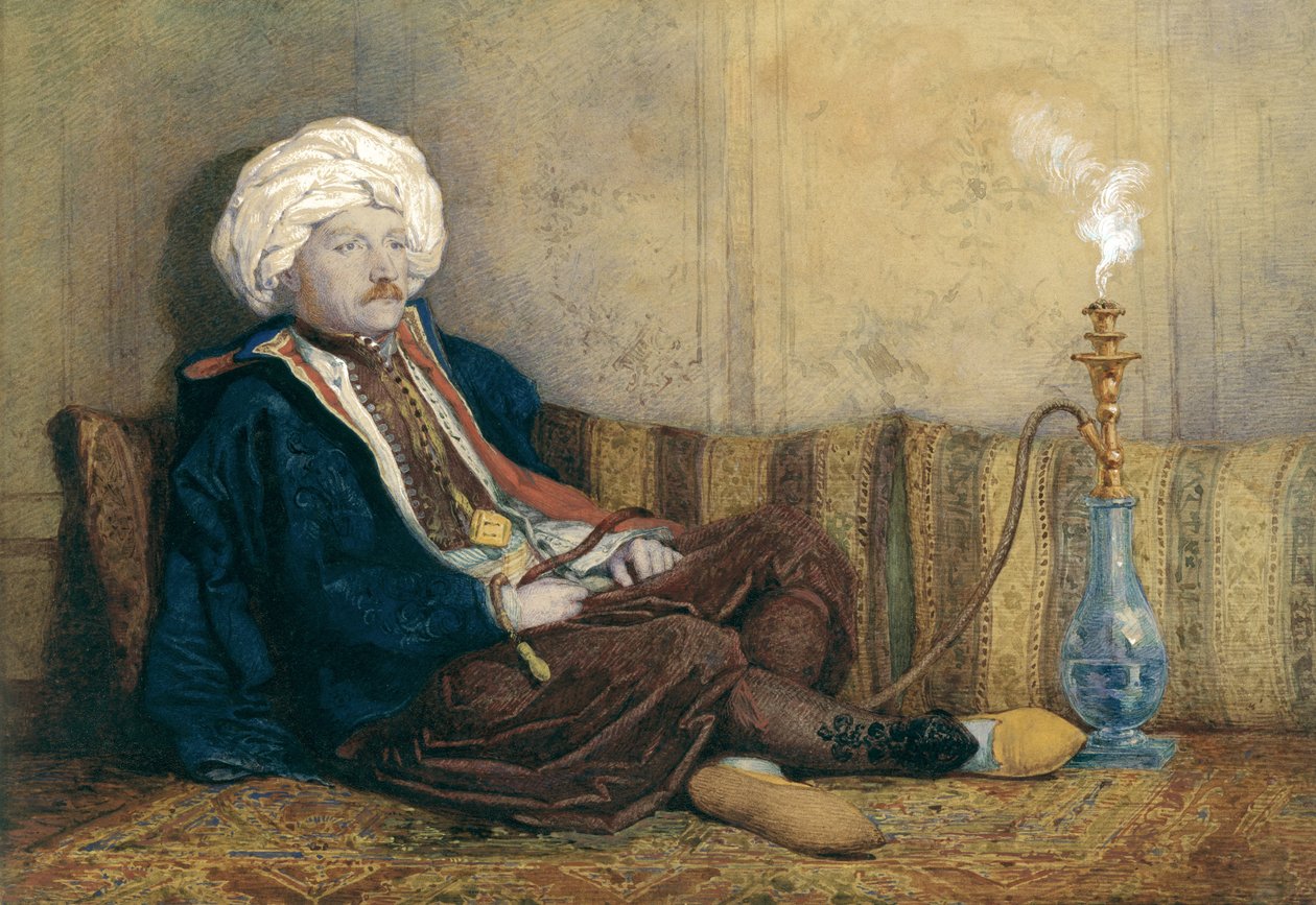 Portrét sira Thomase Philipse ve východním kostýmu, ležícího s vodní dýmkou (wc zvýrazněno bílou barvou na papíře) od Richard Dadd