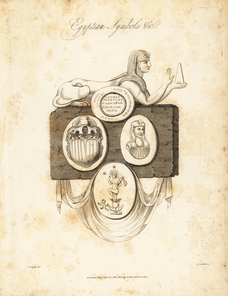 Egyptský sphynx, skarabeus, Horus atd., 1823 (rytina) od Richard Dagley