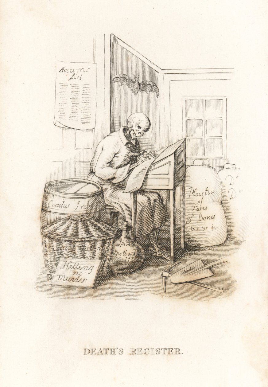 Kostra Smrti a jeho účetní kniha. ,1827 (rytina) od Richard Dagley