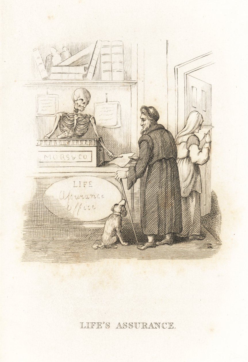 Kostra smrti v pojišťovně. ,1827 (rytina) od Richard Dagley
