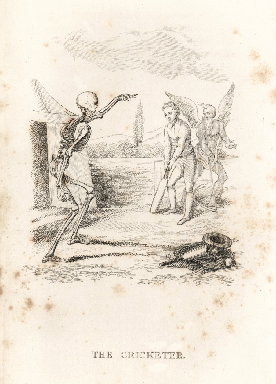 Kostra smrti mísí míč na hráče kriketu na pálce, 1827 (rytina) od Richard Dagley