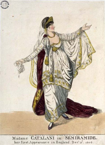 Madame Catalani v "Semiramide", její první vystoupení v Anglii, 13. prosince 1806 (kolorovaný lept) od Richard Dighton