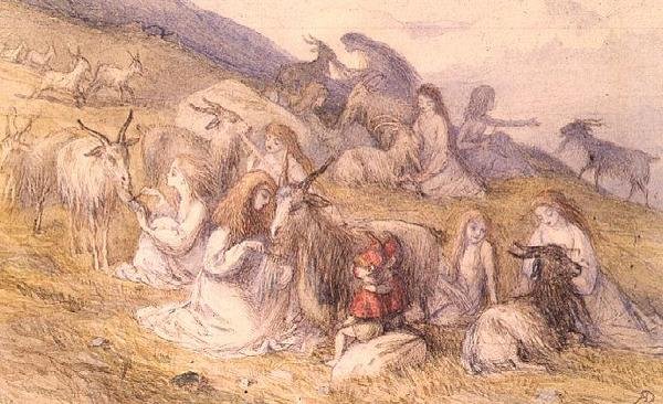 Dívky česající kozí vousy (akvarel a pero a hnědý inkoust) od Richard Doyle