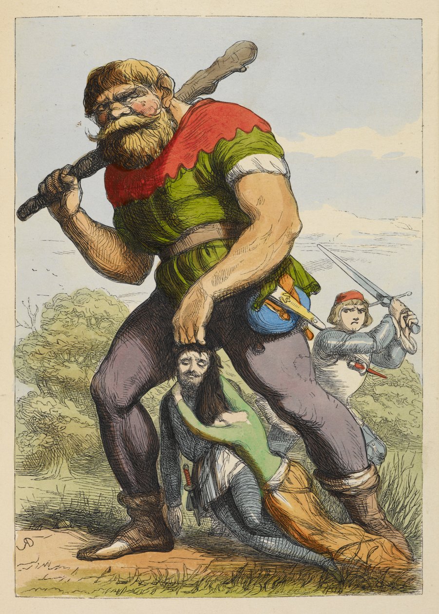 Jack se zezadu blíží k obrovi. Obr táhne rytíře kulatého stolu za vlasy. Dáma drží rytíře. Barevné ilustrace v dětské knize. od Richard Doyle