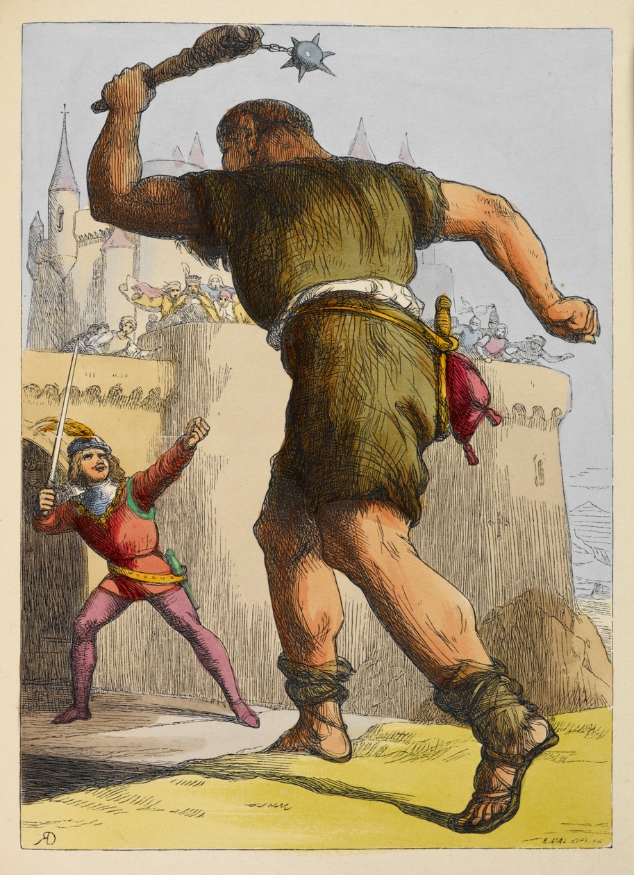 Jack připravený bojovat s obrem mimo hrad. Barevné ilustrace v dětské knize. od Richard Doyle