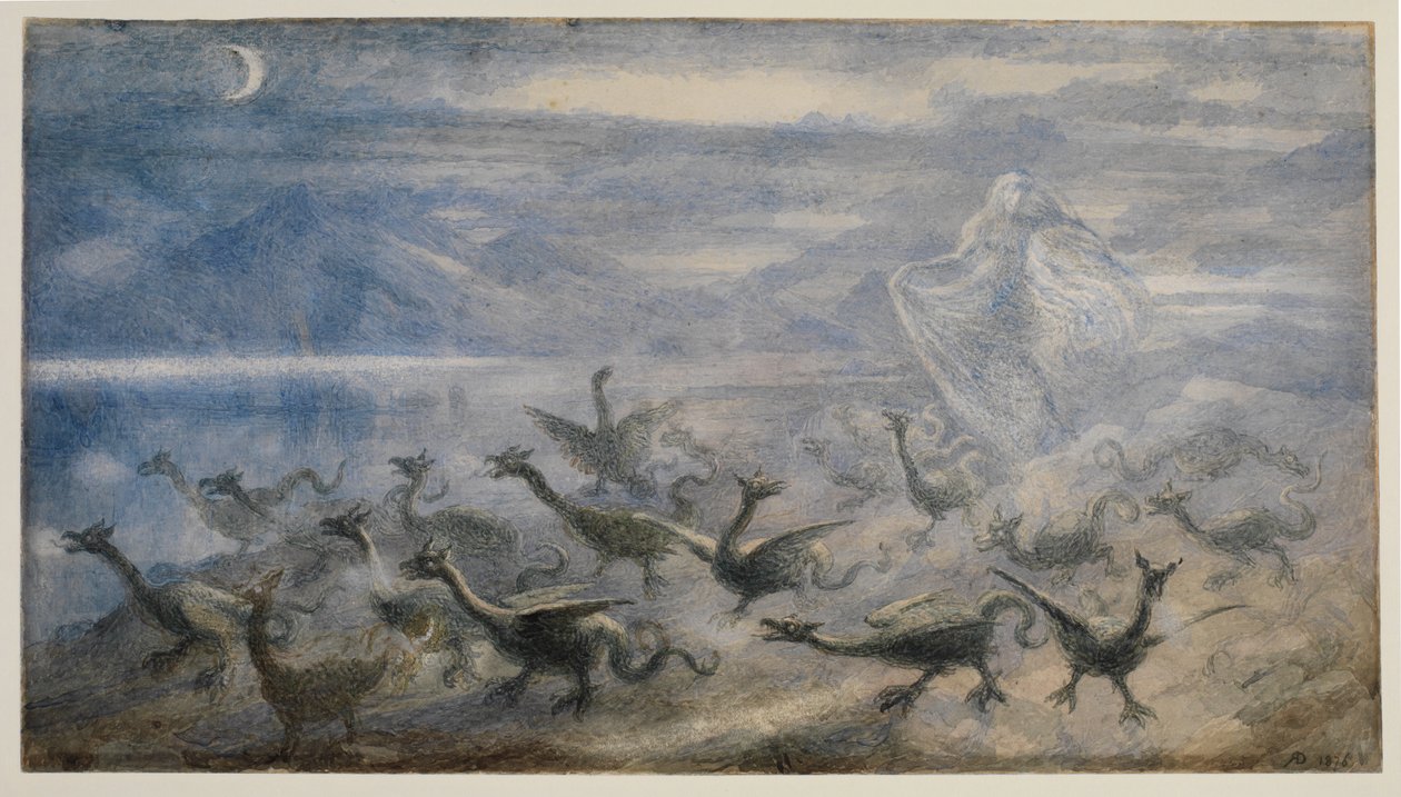 Měsíčná krajina, s čarodějnicí a mladými draky, 1876 od Richard Doyle
