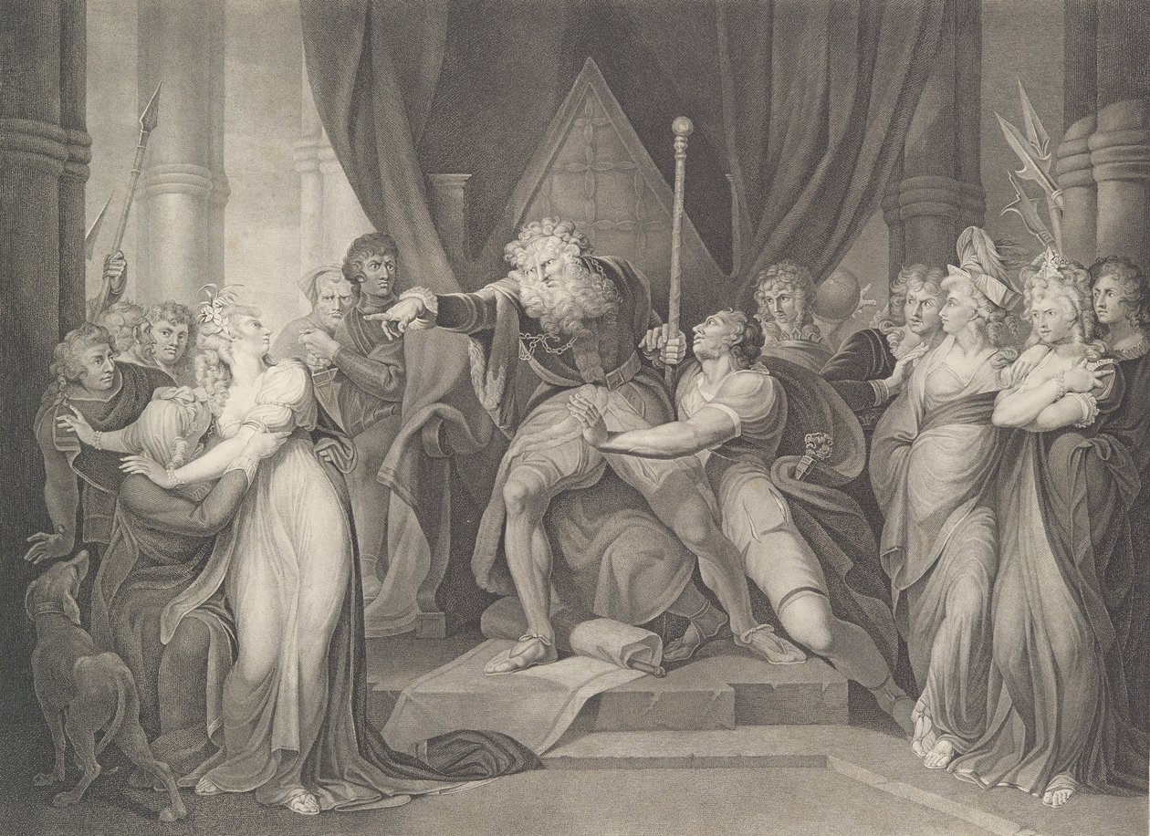 Král Lear vyhání svou dceru Cordelii Shakespeare, K..., poprvé vydáno v roce 1792, znovu vydáno v roce 1852. od Richard Earlom