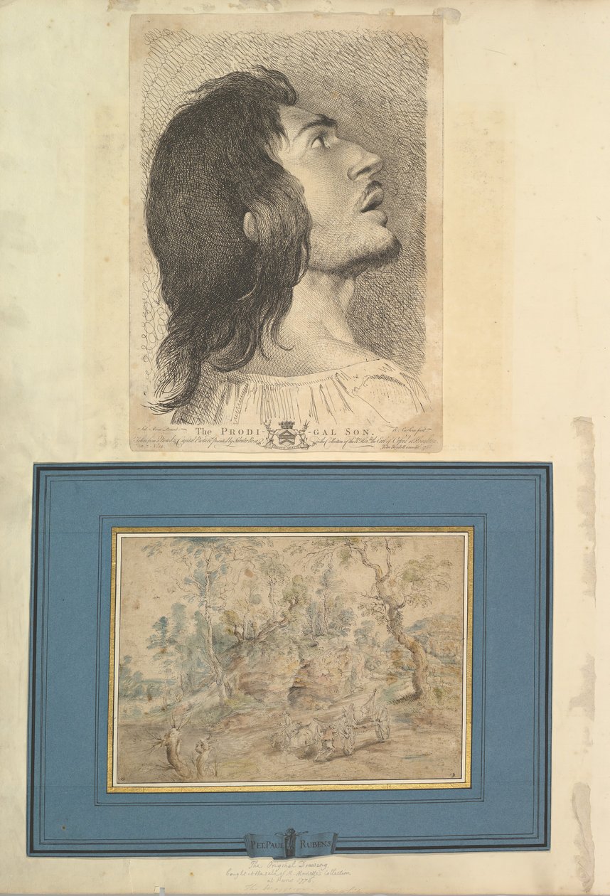 List od Aedes Walpolianae připevněný s potiskem a kresbou a: Head in Profile..., 1620-1766 od Richard Earlom