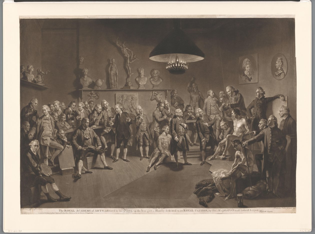 Členové Královské akademie v interiéru s nahým mužským modelem, 1768 Královská akademie umění, zřízená králem, v roce 1768 (název na předmětu) od Richard Earlom