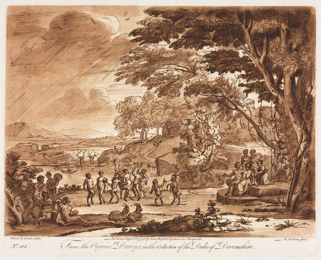 Liber Veritatis: č. 108, Krajina s tančícími satyry a nymfy, 1775. od Richard Earlom