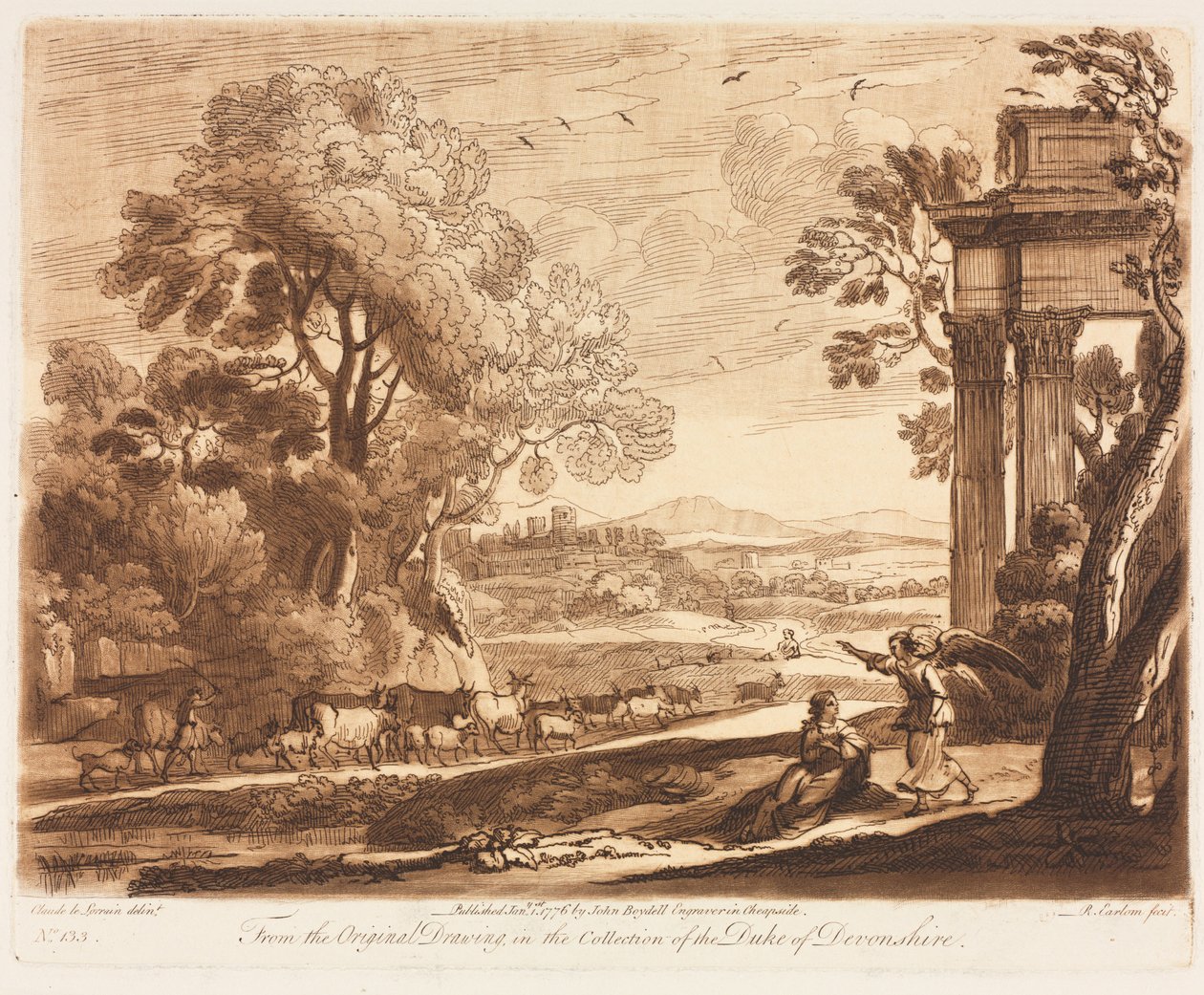 Liber Veritatis: No. 133, Krajina, s dobytkem a andělem uklidňujícím Hagar, 1776. od Richard Earlom