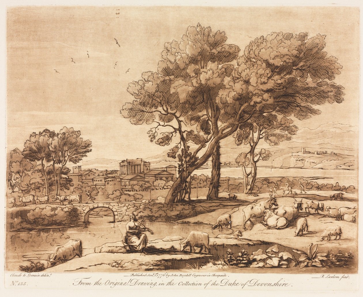 Liber Veritatis: č. 135, Krajina, s budovami, Merkur krade dobytek Admetuss..., 1776. od Richard Earlom