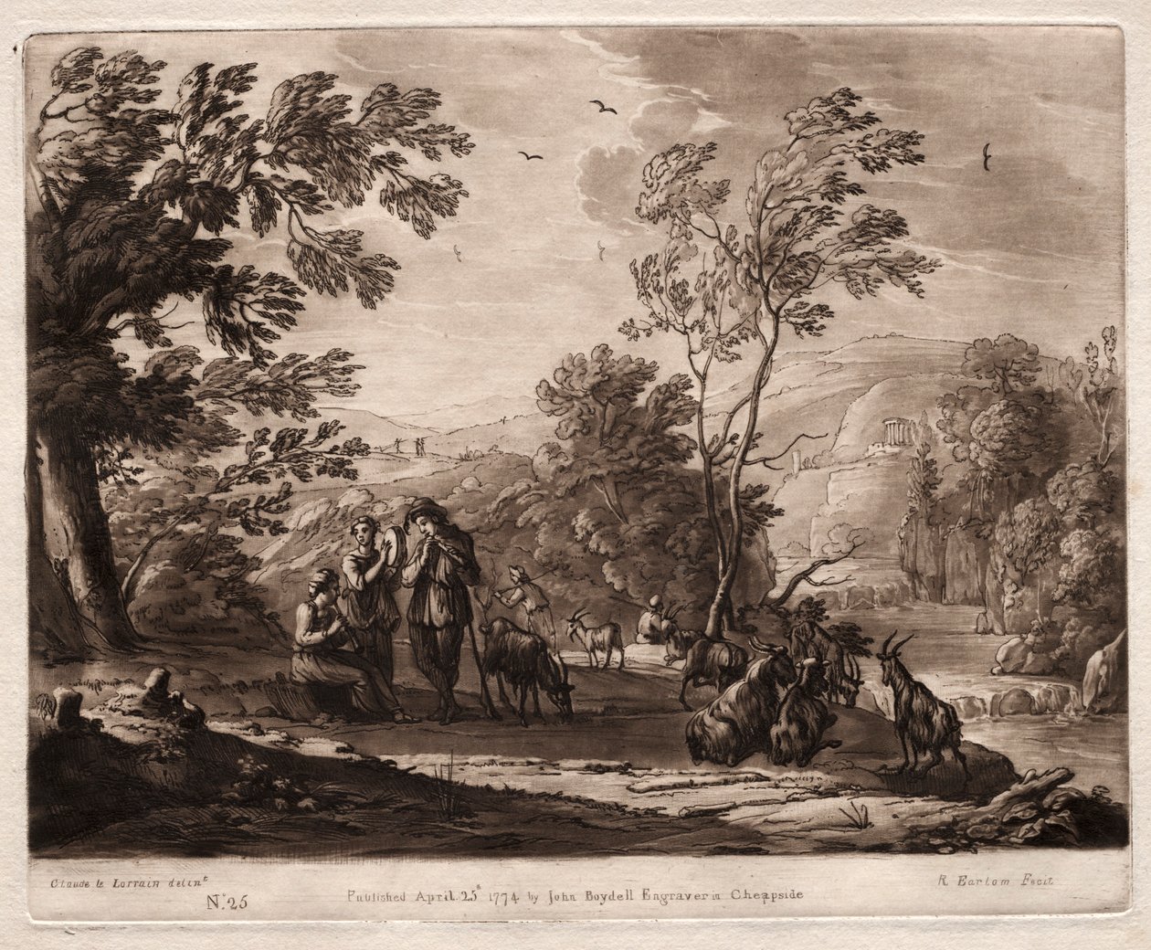 Liber Veritatis: č. 25, Hornatá a zalesněná krajina s pastýři..., 1774. od Richard Earlom