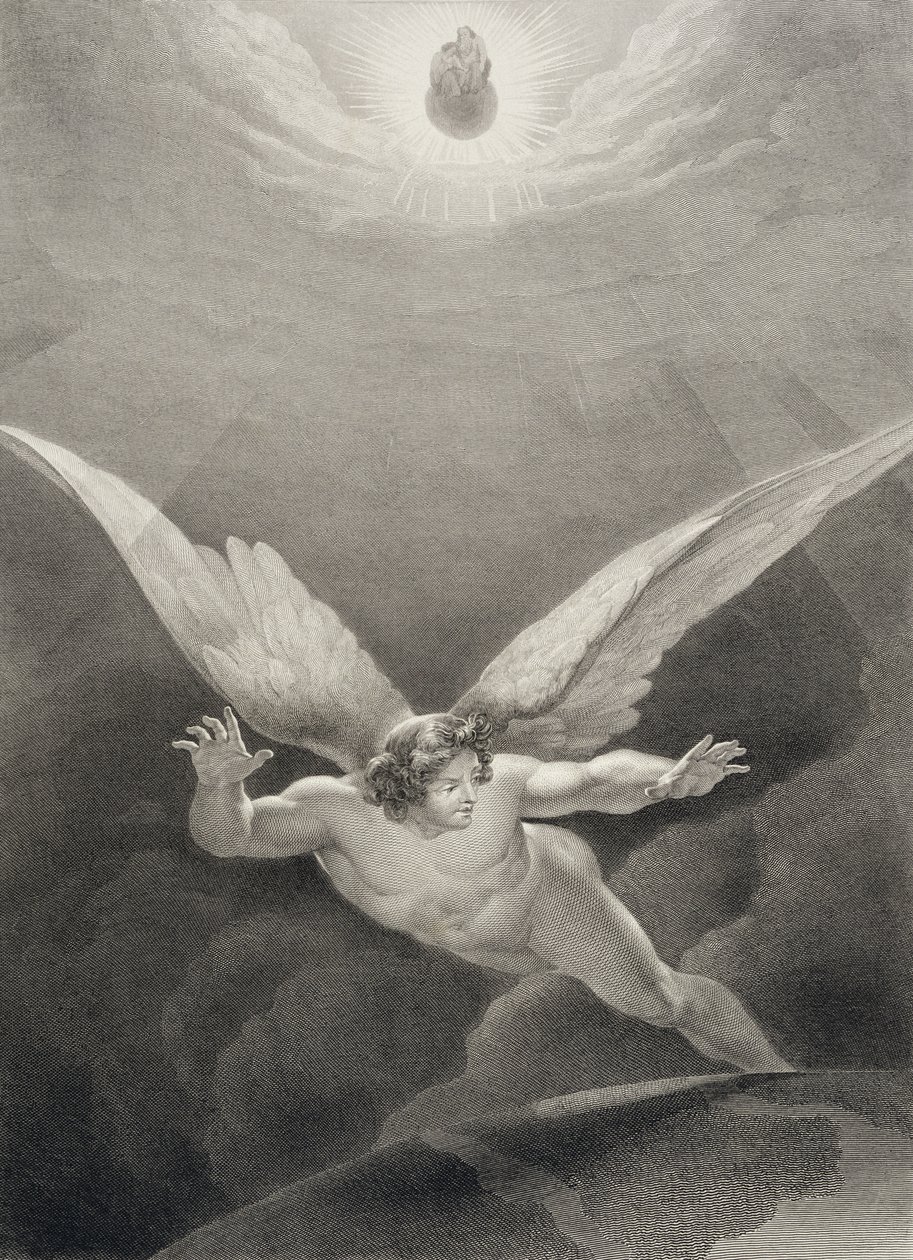 Satan skáče přes zdi nebes, z francouzského vydání ‚Ztracený ráj‘ od Johna Miltona (1608-74), vyrytého Nyonem, vydaného v roce 1868 od Richard Edmond Flatters