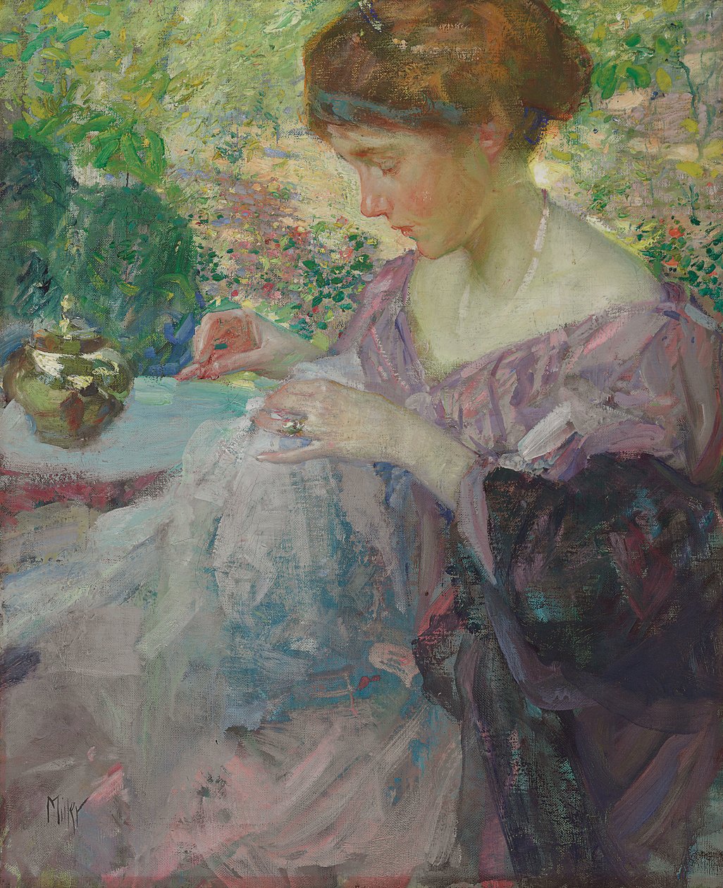Mladá žena šití (olej na plátně) od Richard Emil Miller