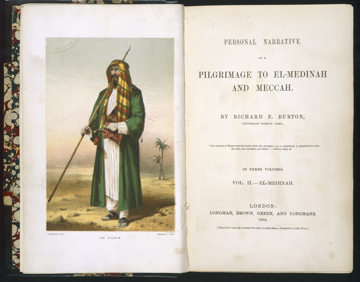 Nimisivu Richard F. Burtonille, "Raportti pyhiinvaelluksestani Medinaan ja Mekkaan", osa 1., 1855 od Richard Francis Burton