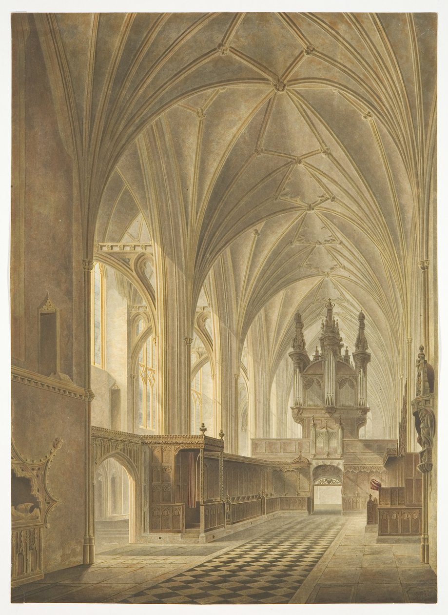 The Choir of Bristol Cathedral, Looking West (ručně kolorovaná akvatinta) od Richard G. Reeve