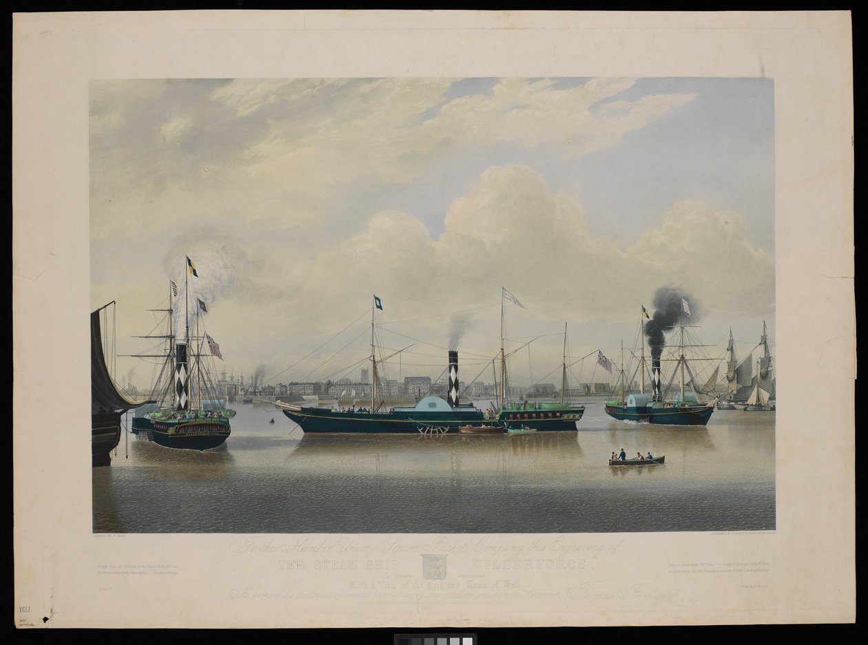 Společnosti Humber Union Steam Packet Company tato rytina parní lodi Wilberforce ve třech polohách s pohledem na přístav a město Hull... od Richard G. Reeve