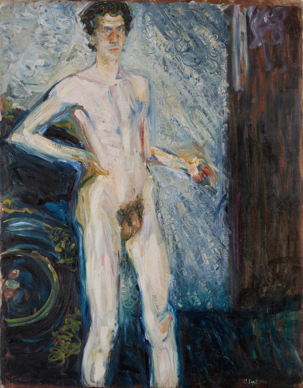 Akt autoportrét s paletou - Gerstl, Richard (1883-1908) - 1908 - Olej na plátně - 139,3x100 - Leopoldovo muzeum, Vídeň od Richard Gerstl