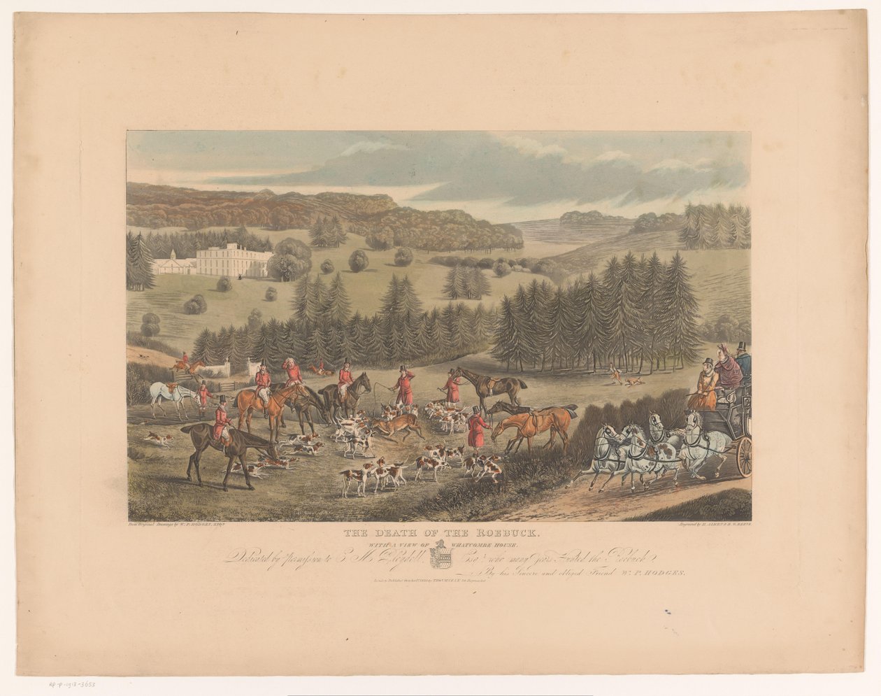 Lovci a psi kolem umírajícího jelena poblíž Whatcombe House The Death of the Roebuck, s výhledem na Whatcombe House (název na objektu) od Richard Gilson Reeve