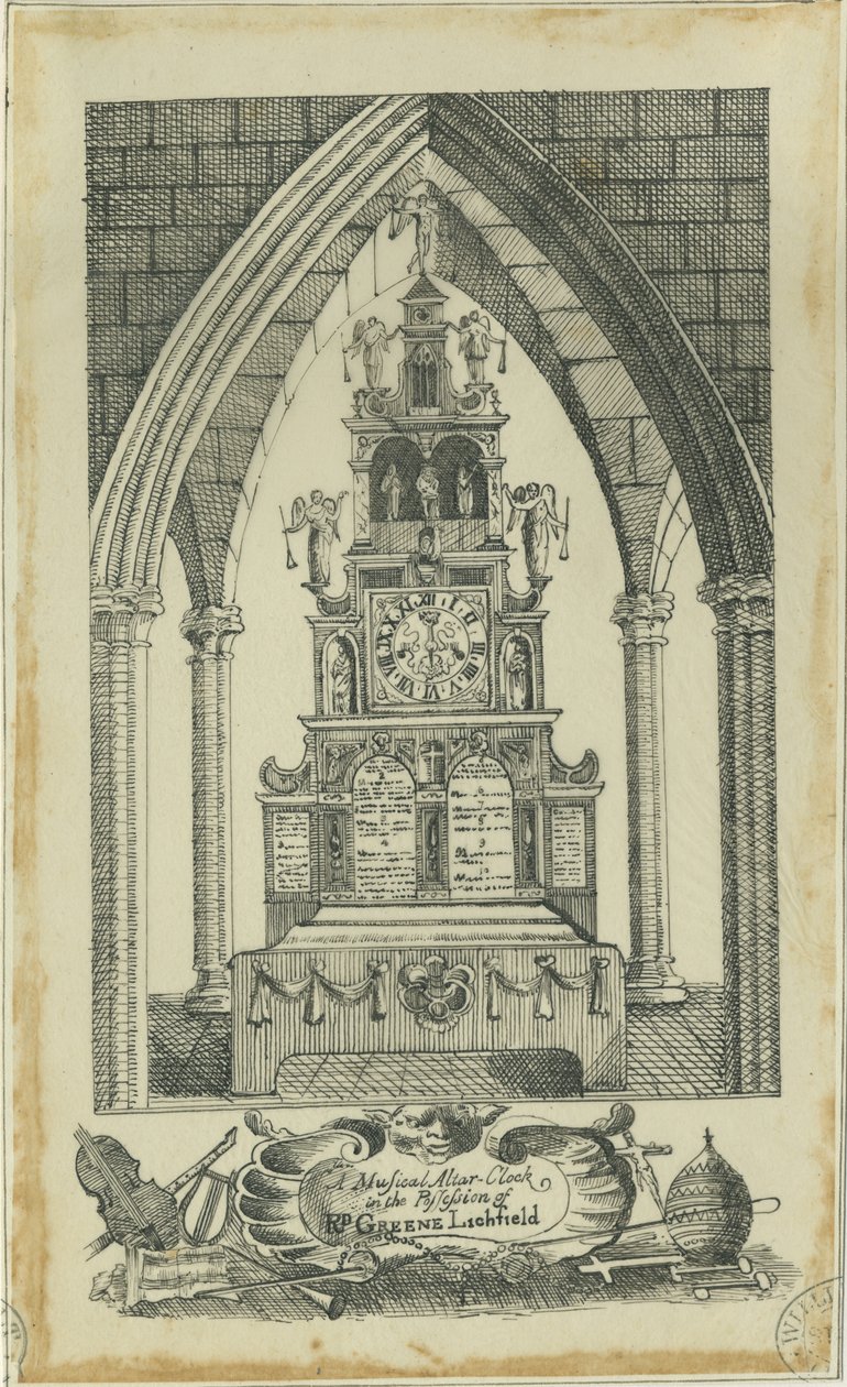 Lichfield - Hudební oltářní hodiny: kreslení inkoustem a [18. století] (kresba) od Richard Greene