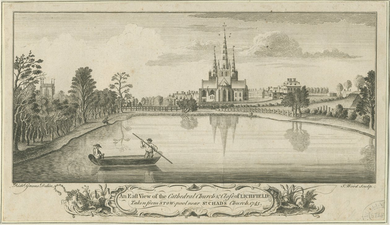 Lichfield Cathedral and Close - East View: mědirytina od Richard Greene