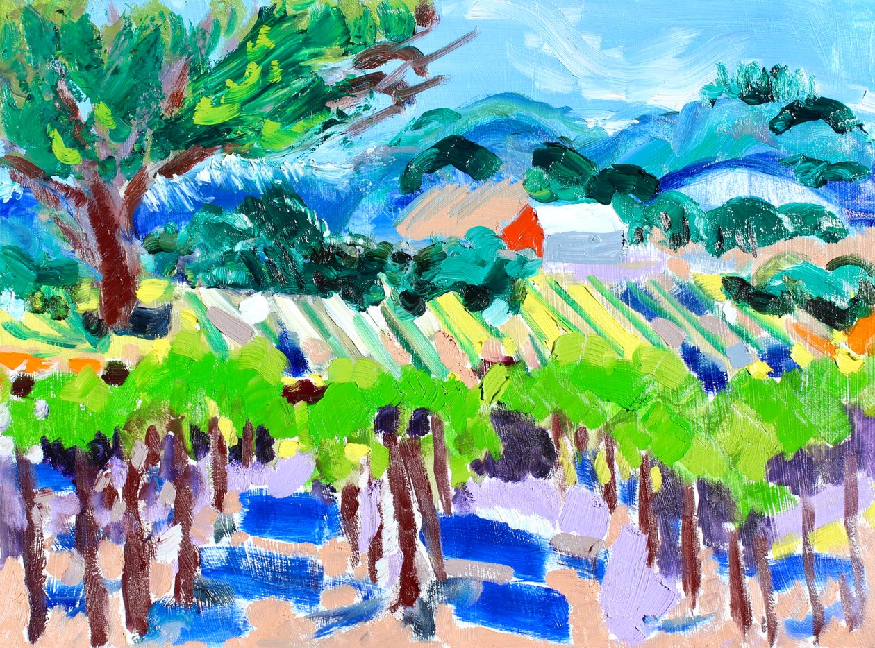 Vineyard with Red Barn, 2021 (olej na papíře) od Richard H. Fox