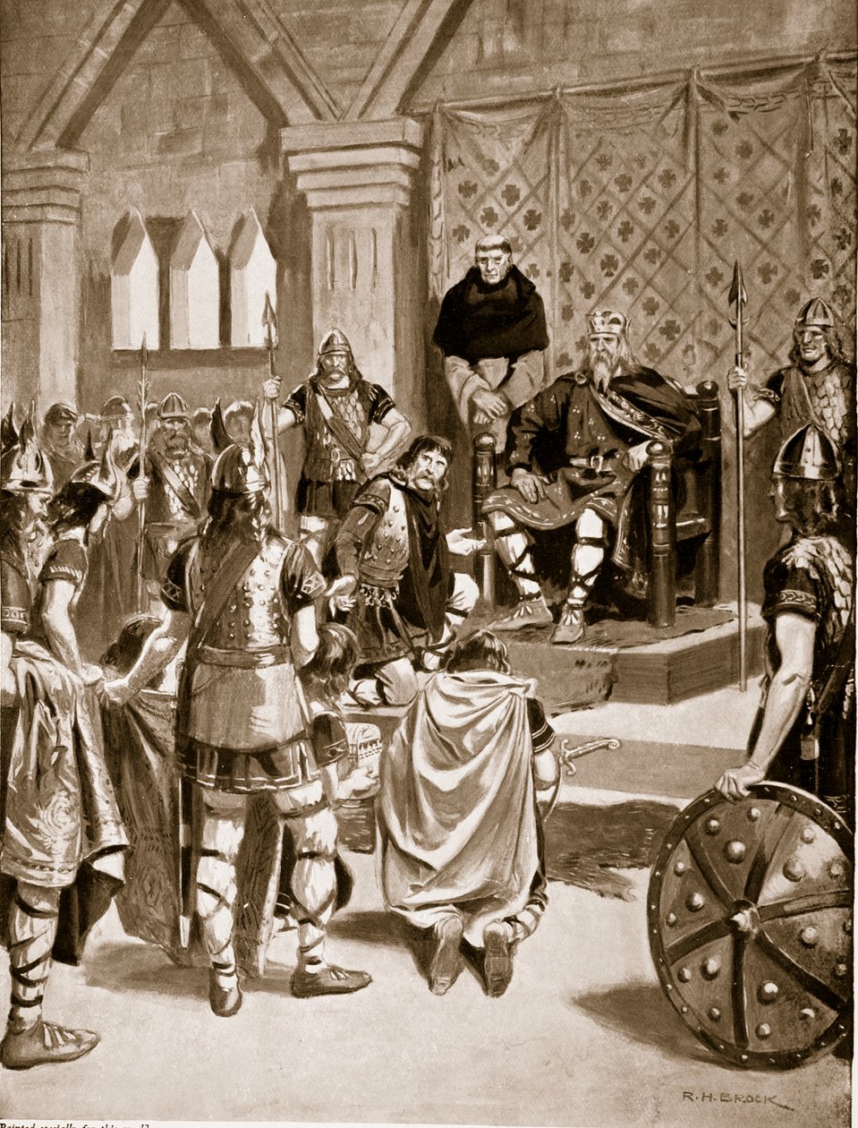 Trofeje Karla Velikého darované Offovi z Mercie, 786 př. n. l., ilustrace z „Hutchinsonova příběhu britského národa“, kolem roku 1920 od Richard Henry Brock