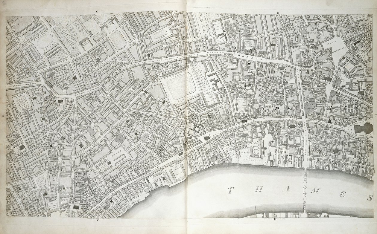 Deska z "Plánu měst Londýna a Westminsteru, čtvrti Southwark a přilehlých částí", kolem 1792-1799 od Richard Horwood