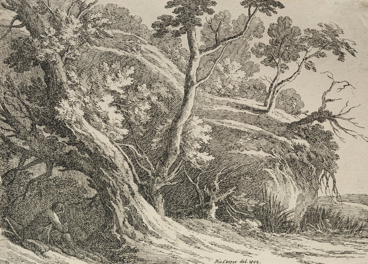 Vzorky polyautografie: Muž sedící pod dubem, 1802. od Richard II Cooper
