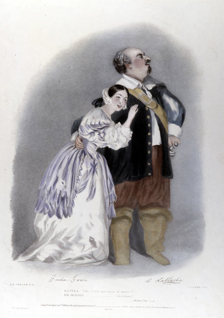 Giulia Grisi a Luigi Lablache ve 3. jednání The Puritans od Vincenza Belliniho. Litografie R. J. Lane. 1835 od Richard James Lane