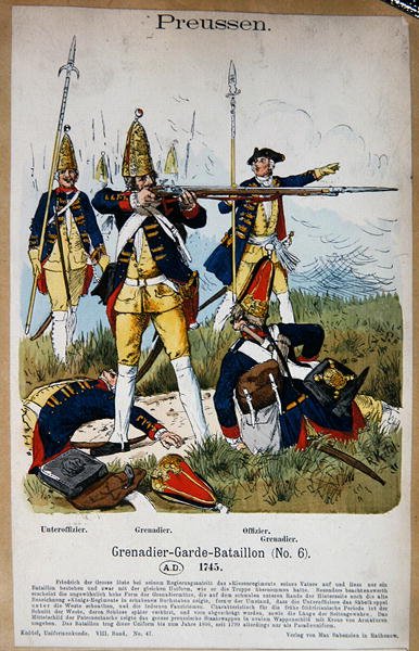 Pruské granátnické gardy a důstojníci v roce 1745, kolem roku 1890 (barevné lito) od Richard Knoetel