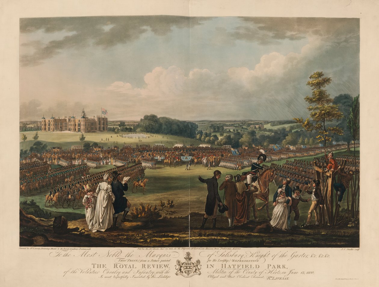 The Royal Review v Hatfield Park of the Volunteer Cavalry and Infantry, with the Milice of the County of Herts, dne 13. června 1800, vyryl Joseph C. Stadler (fl.1780-1812) od Richard Livesay