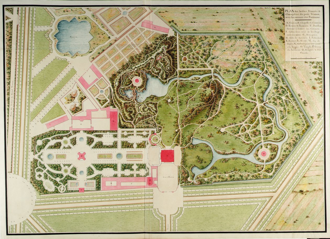 Plán francouzských a venkovských zahrad Petit-Trianonu s hmotami budovy, z Recueil des Plans du Petit Trianon od Richarda Miqueho od Richard Mique