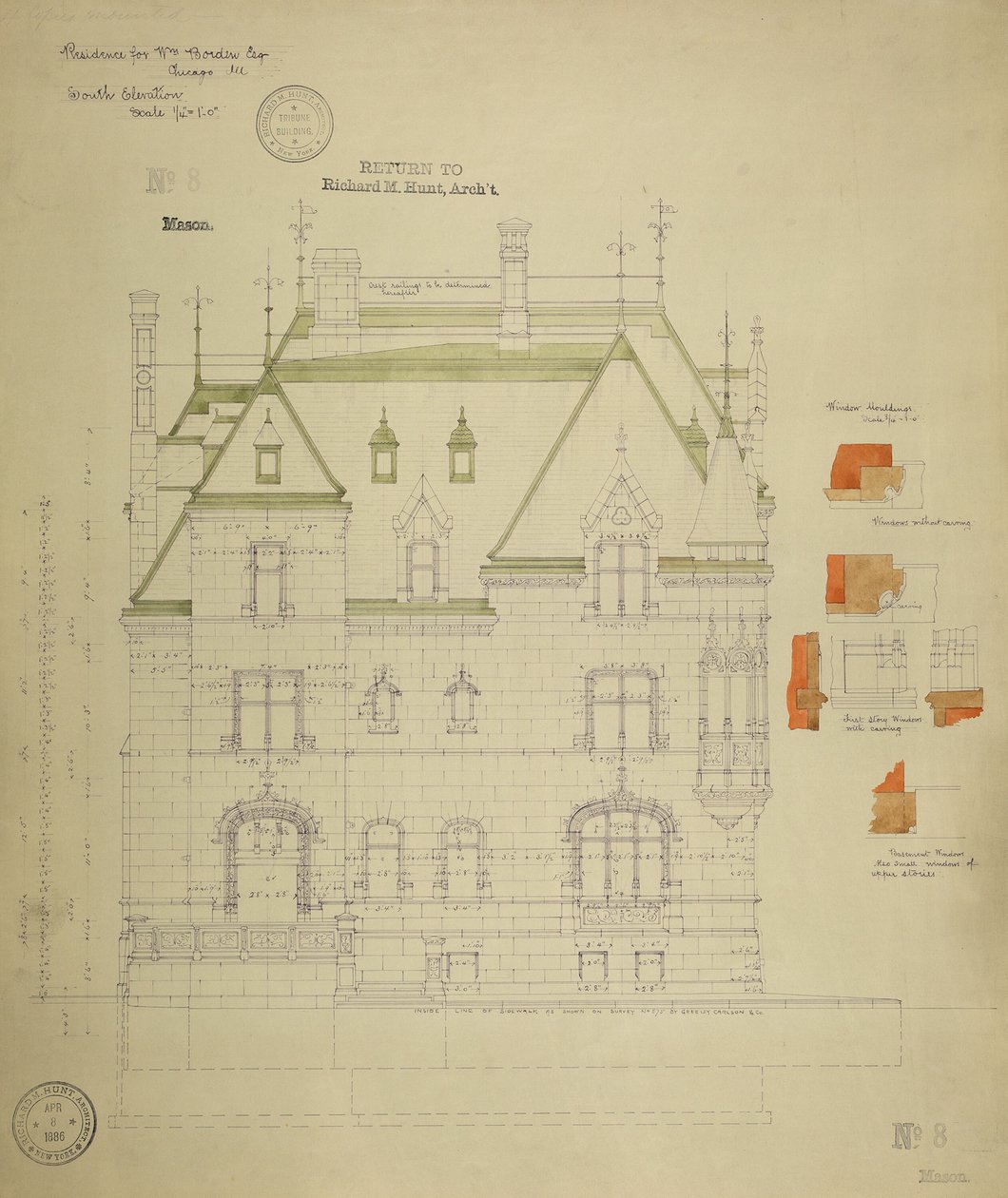 William Borden Residence, Chicago, Illinois, South Elevation od Richard Morris Hunt