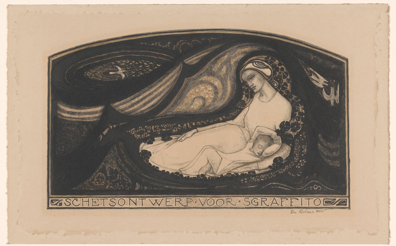 Ležící žena a dítě Návrh náčrtu pro sgrafito (název na objektu) od Richard Nicolaüs Roland Holst (signed by artist)