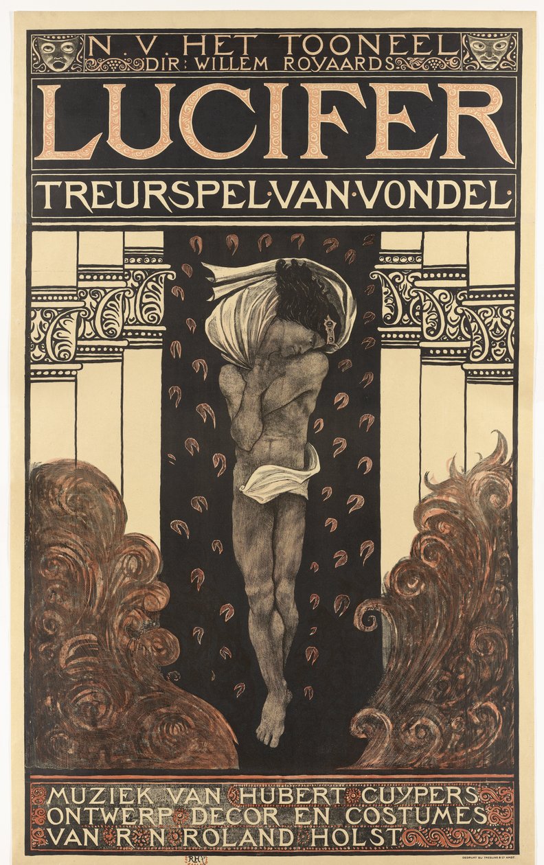 Divadlo N.V. dir. William Royaards. Luciferova tragédie od Vondela. Hudba Hubert Cuyper. Design, výzdoba, kostýmy R.N. Roland Holst. (název na objektu) od Richard Nicolaüs Roland Holst