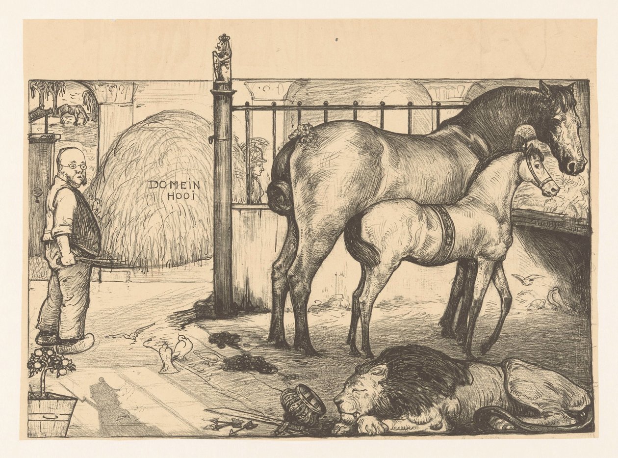 Dva koně u stojanu na seno ve stáji Na státním stojanu (původní název) od Richard Nicolaüs Roland Holst