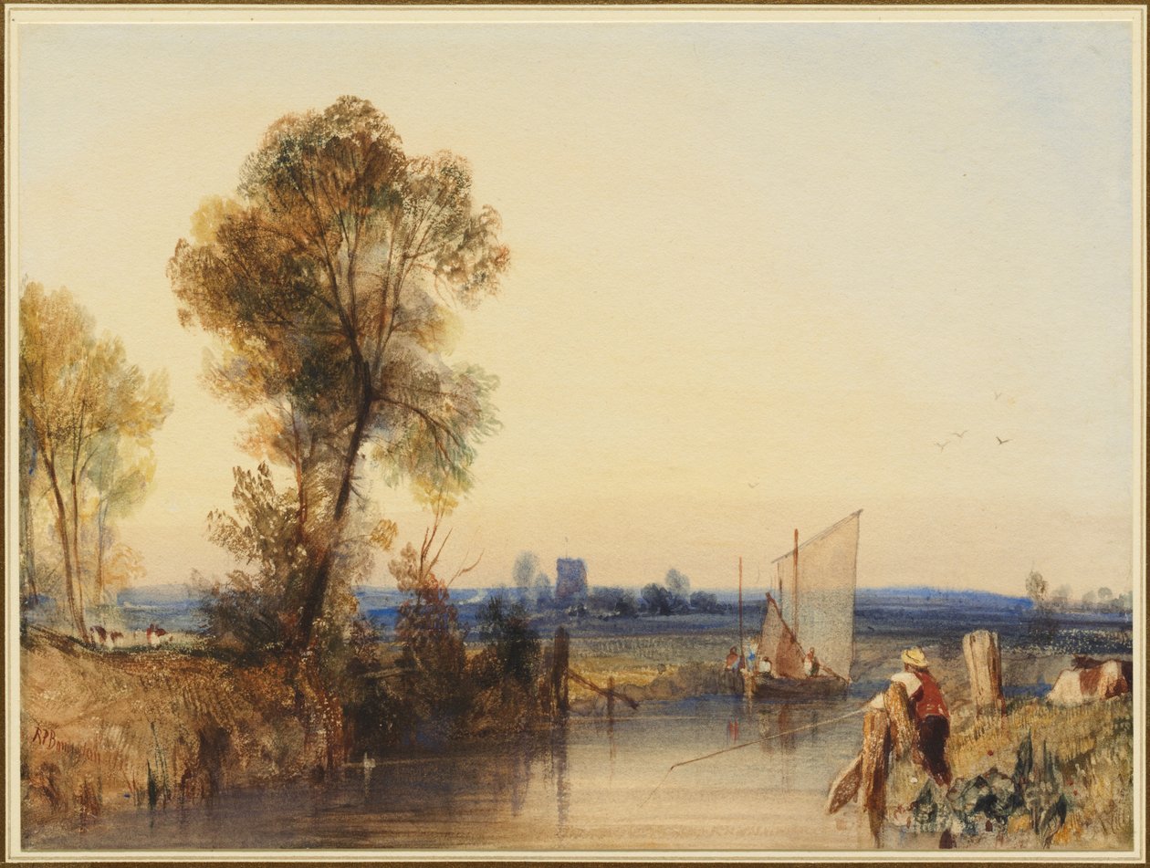Rybář na břehu řeky, v dálce kostelní věž od Richard Parkes Bonington